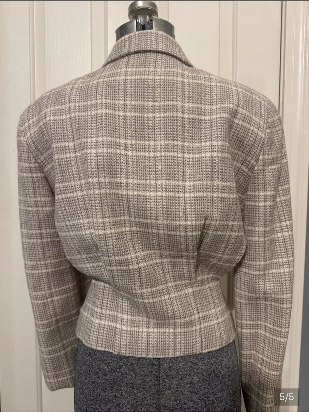 Dior Cropped Plaid Blazer in Taupe and Ivory and skirt
